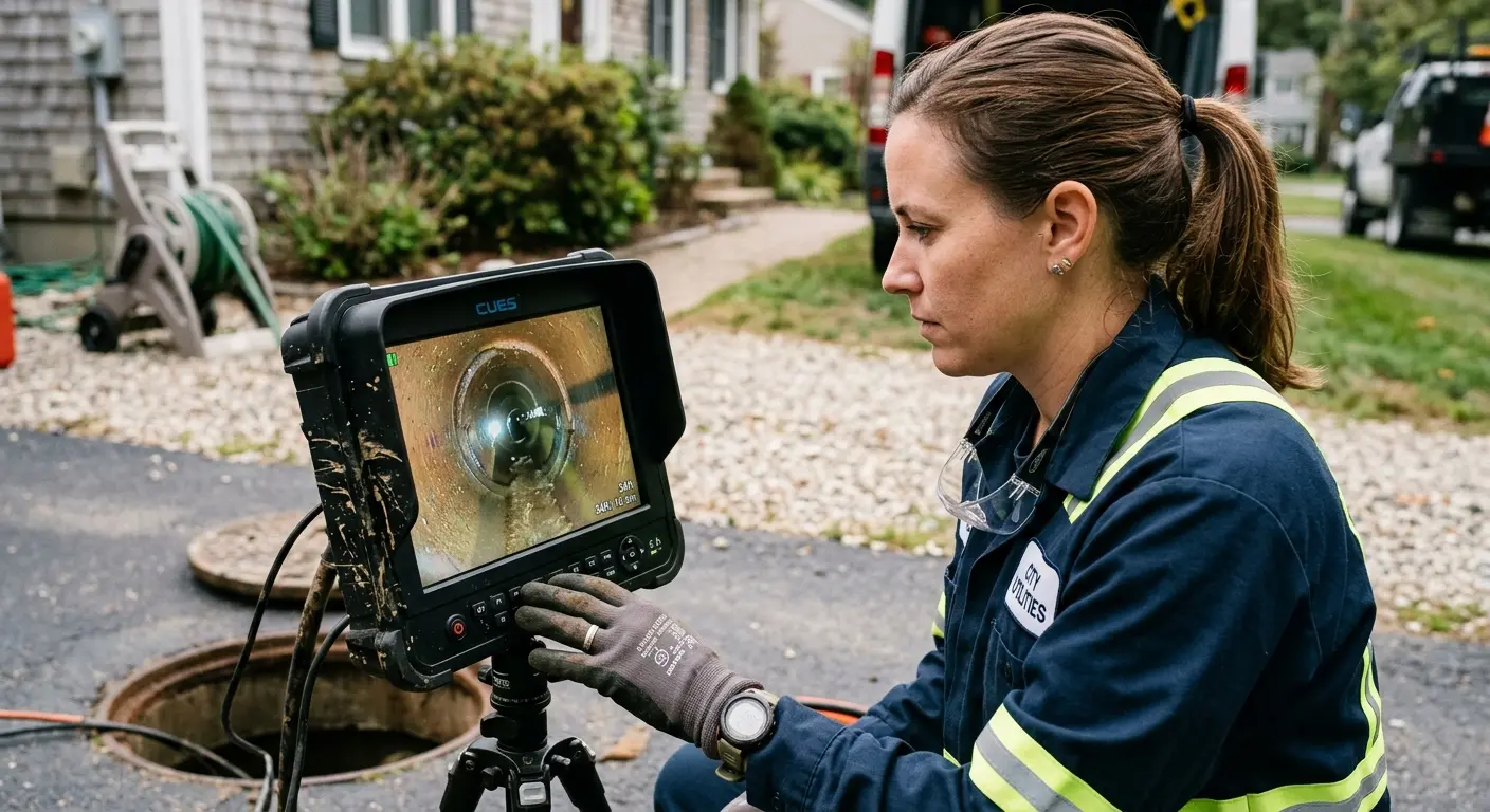 Technician reviewing sewer camera inspection footage in Lockport