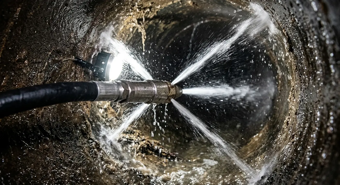 High-pressure hydro jetting nozzle cleaning sewer pipe for Emergency Drain Service in Lockport