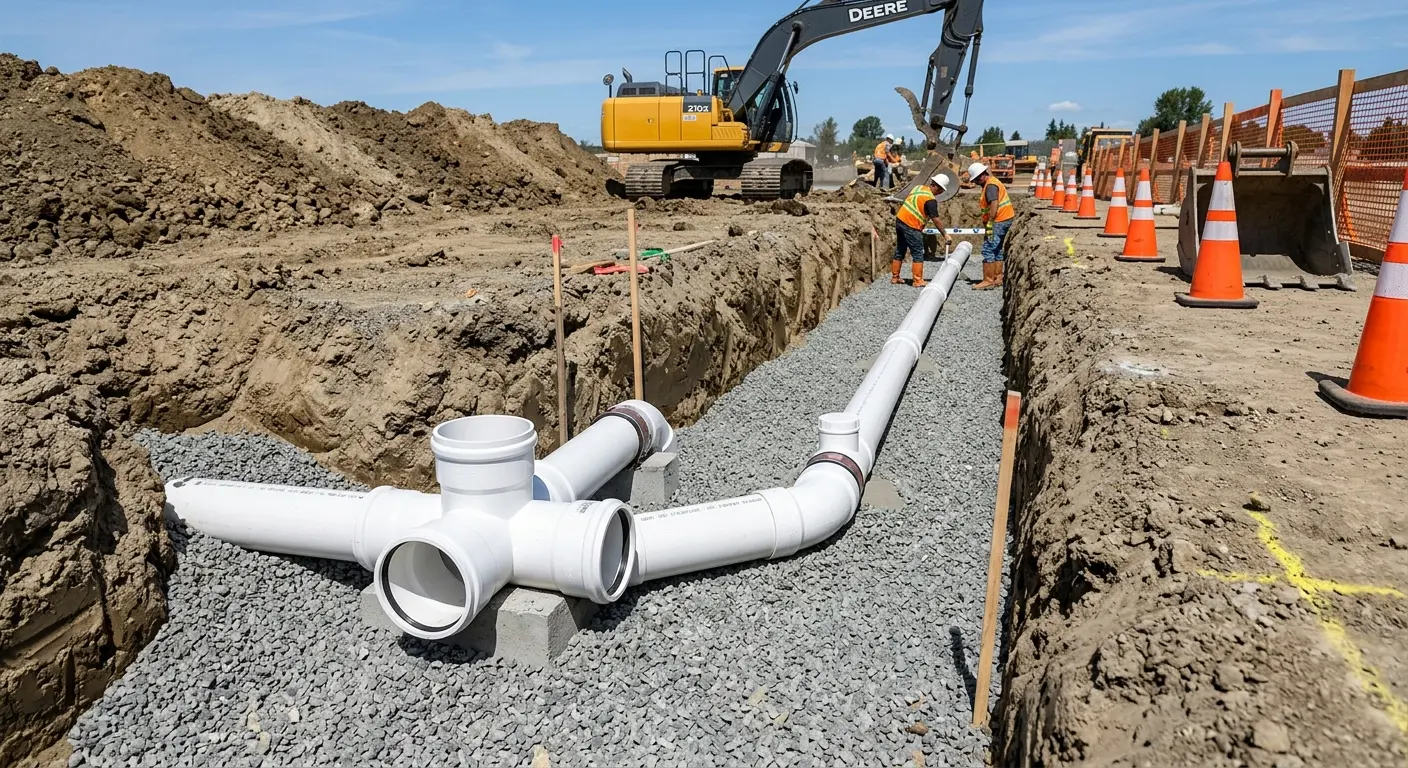 New PVC sewer pipe installation in open trench for Sewer Backup in Lockport