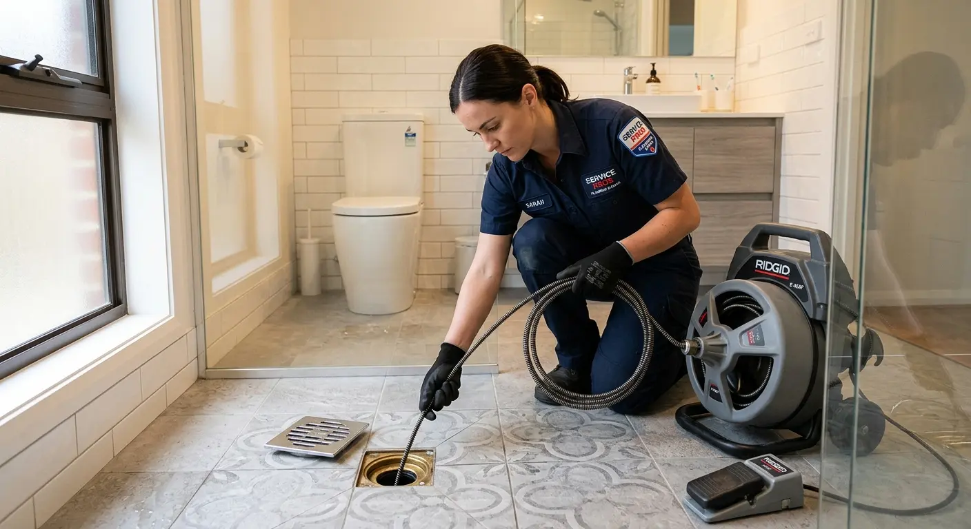 Technician clearing a bathroom floor drain for Hydro Jetting in Lockport